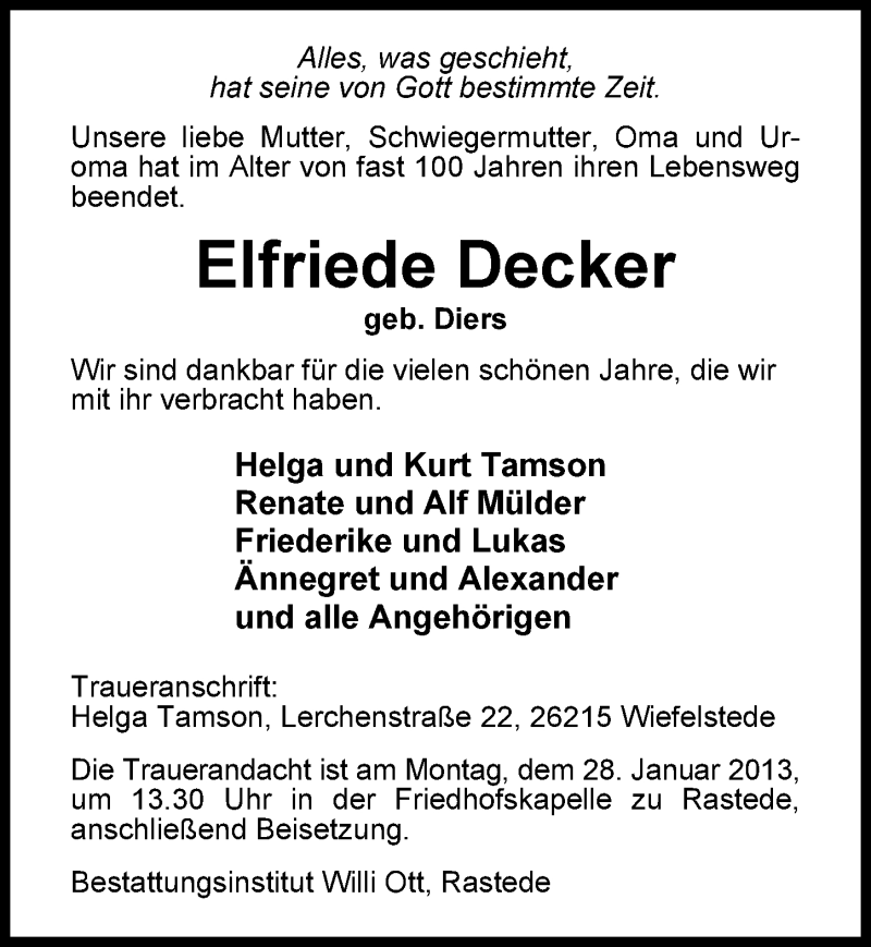  Traueranzeige für Elfriede Decker vom 25.01.2013 aus Nordwest-Zeitung