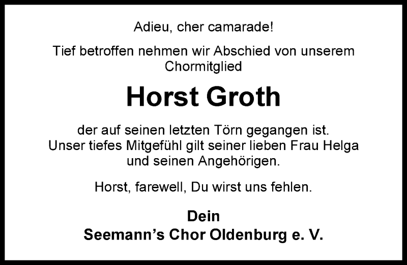  Traueranzeige für Horst Groth vom 25.01.2013 aus Nordwest-Zeitung