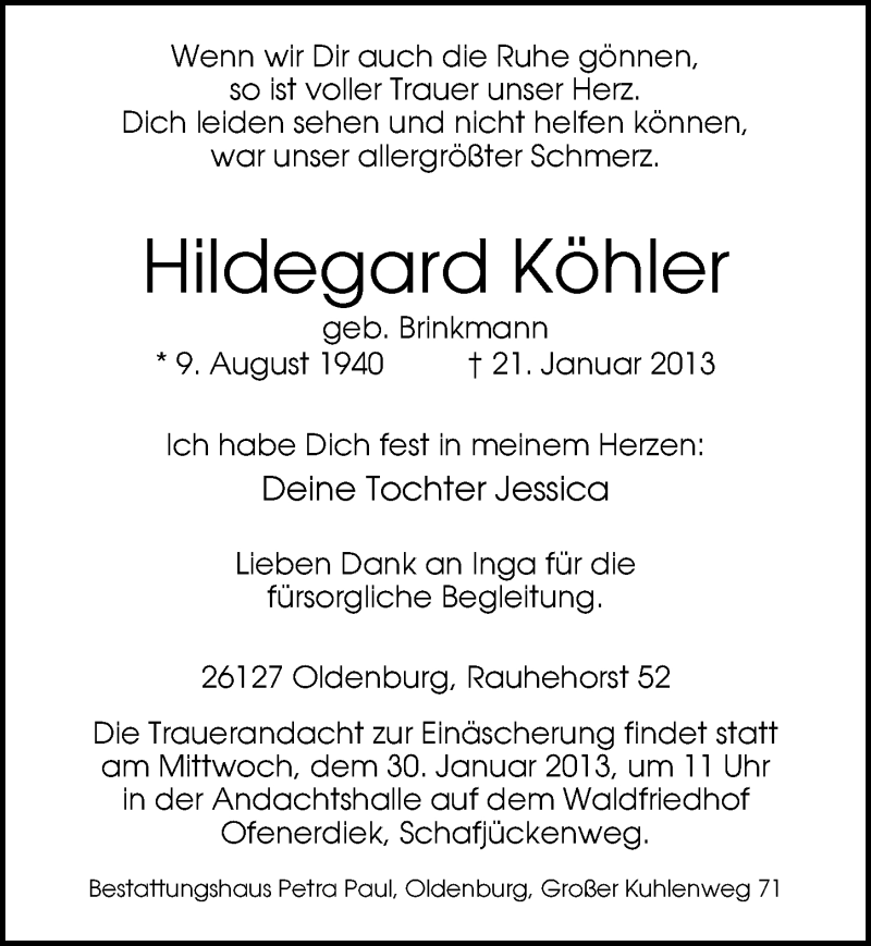  Traueranzeige für Hildegard Köhler vom 25.01.2013 aus Nordwest-Zeitung