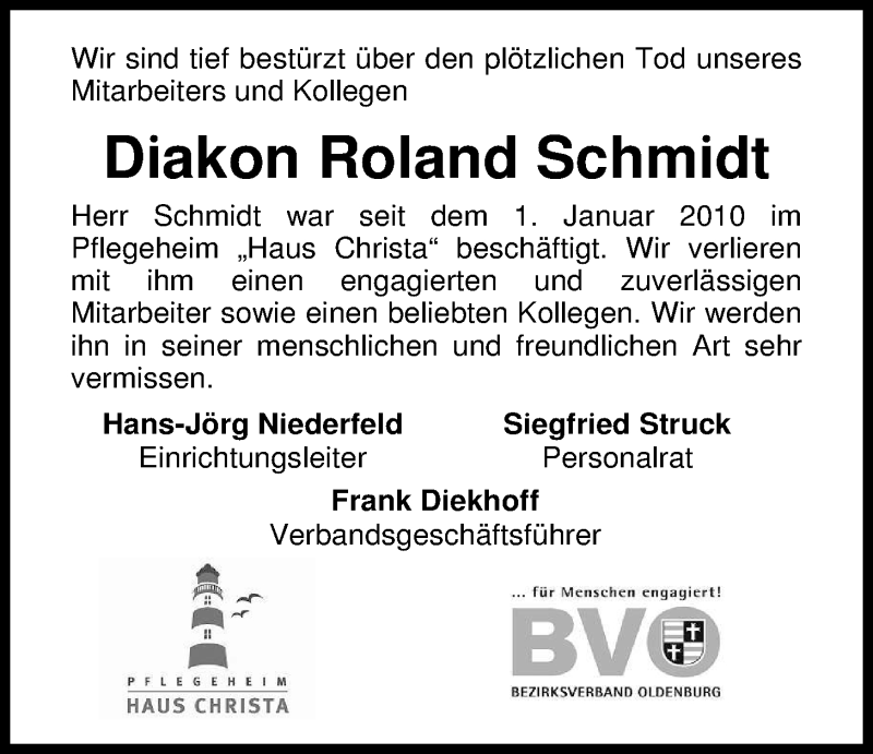  Traueranzeige für Roland Schmidt vom 26.01.2013 aus Nordwest-Zeitung