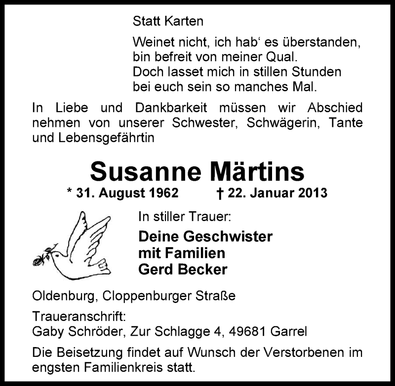  Traueranzeige für Susanne Märtins vom 26.01.2013 aus Nordwest-Zeitung