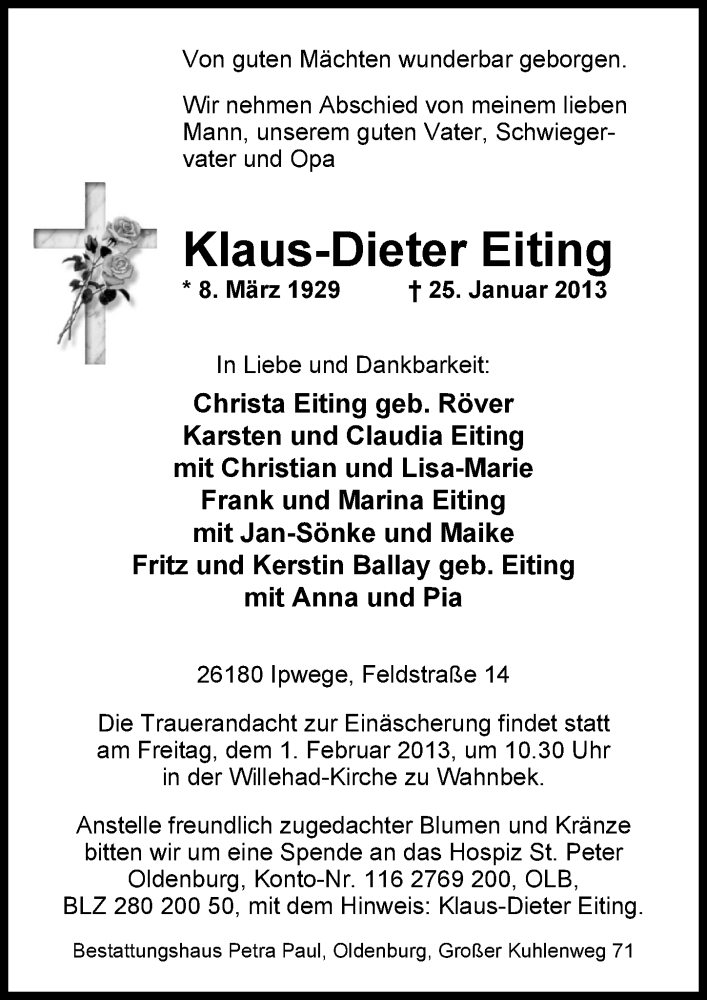  Traueranzeige für Klaus-Dieter Eiting vom 29.01.2013 aus Nordwest-Zeitung