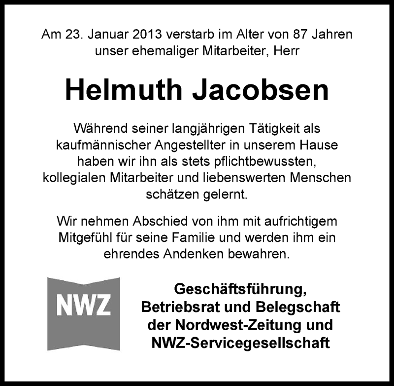  Traueranzeige für Helmuth Jacobsen vom 30.01.2013 aus Nordwest-Zeitung