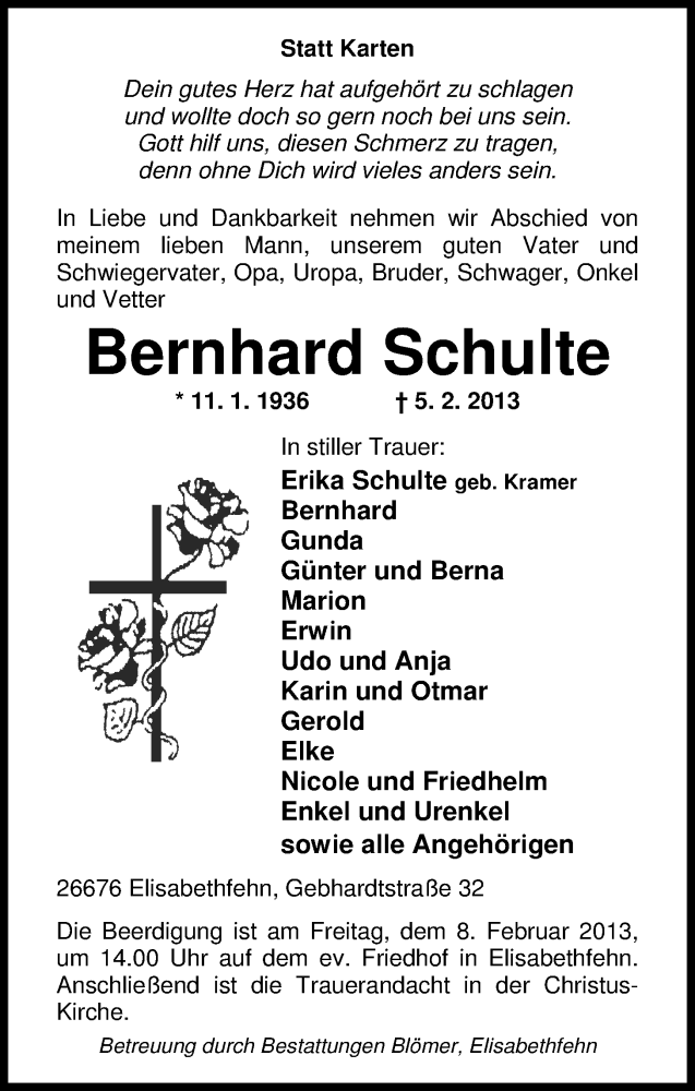  Traueranzeige für Bernhard Schulte vom 06.02.2013 aus Nordwest-Zeitung