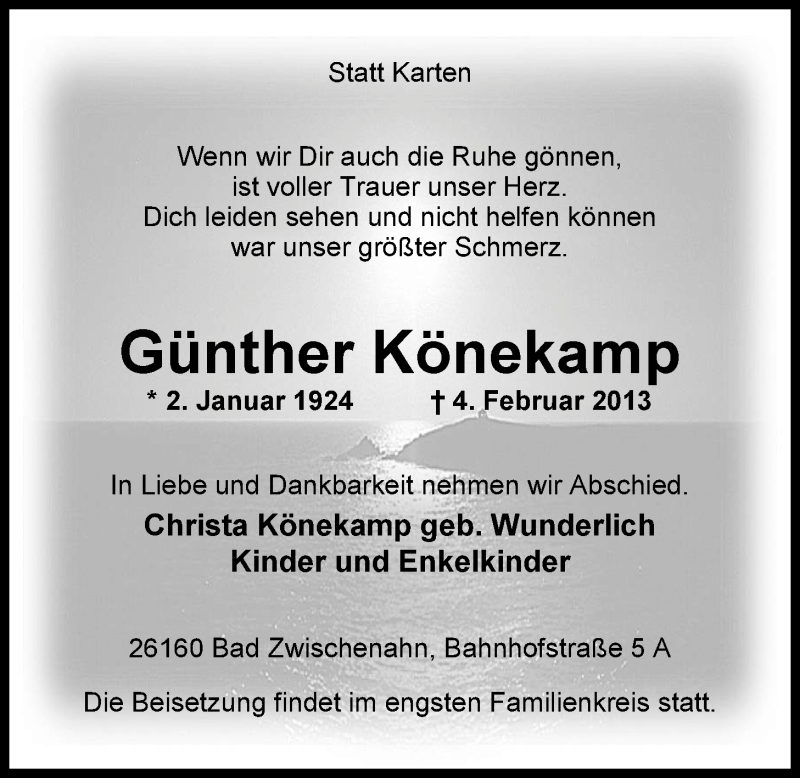 Traueranzeige für Günther Könekamp vom 09.02.2013 aus Nordwest-Zeitung