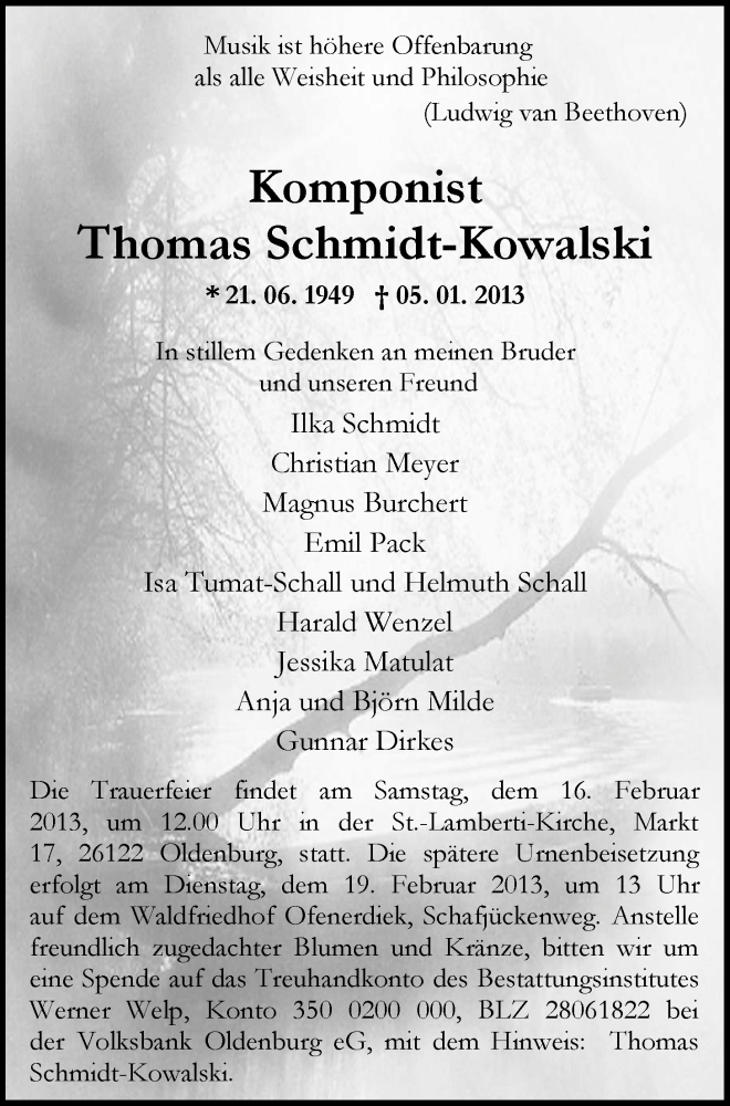  Traueranzeige für Thomas Schmidt-Kowalski  vom 09.02.2013 aus Nordwest-Zeitung