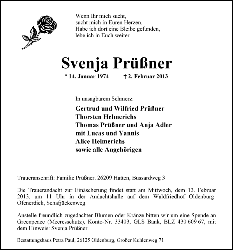  Traueranzeige für Svenja Prüßner vom 09.02.2013 aus Nordwest-Zeitung