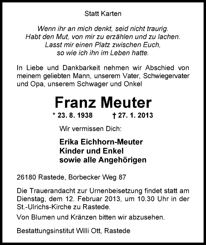 Traueranzeige für Franz Meuter vom 09.02.2013 aus Nordwest-Zeitung