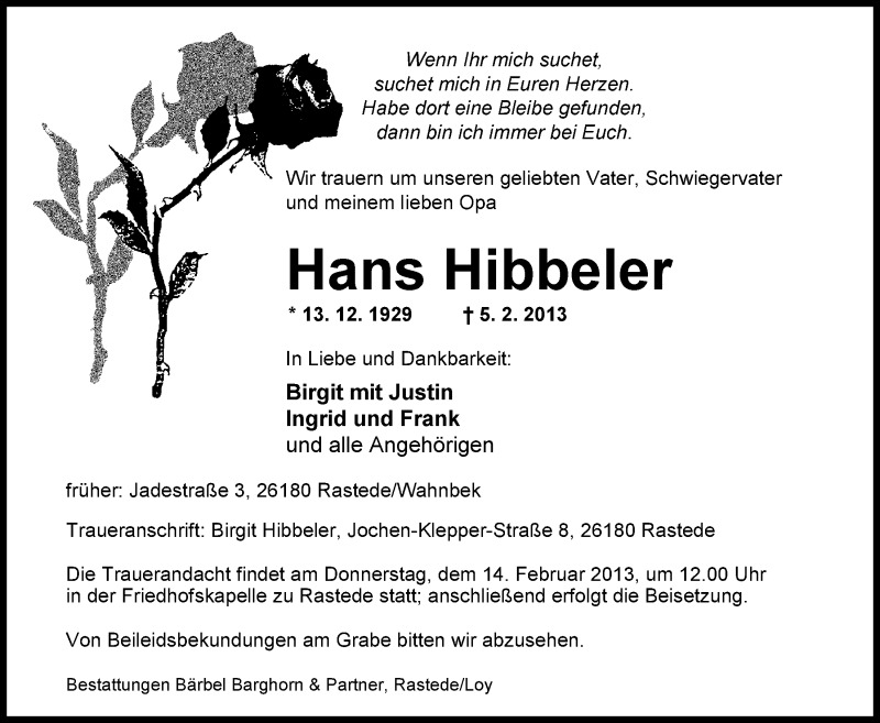  Traueranzeige für Hans Hibbeler vom 08.02.2013 aus Nordwest-Zeitung