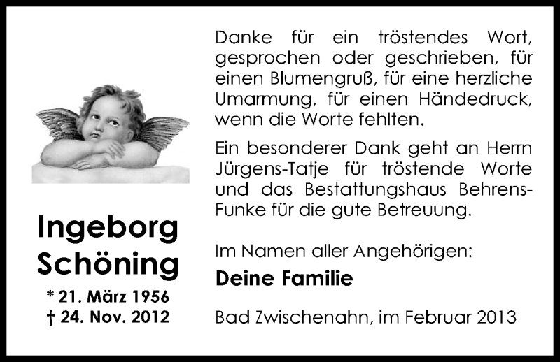  Traueranzeige für Ingeborg Schöning vom 16.02.2013 aus Nordwest-Zeitung
