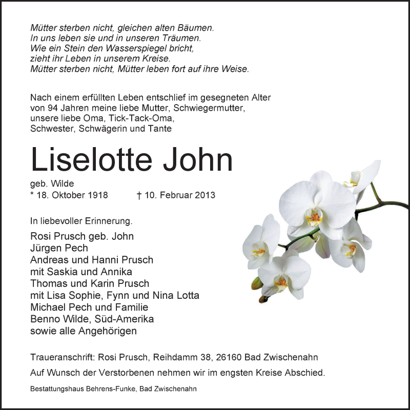  Traueranzeige für Liselotte John vom 16.02.2013 aus Nordwest-Zeitung