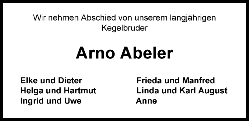  Traueranzeige für Arno Abeler vom 12.02.2013 aus Nordwest-Zeitung