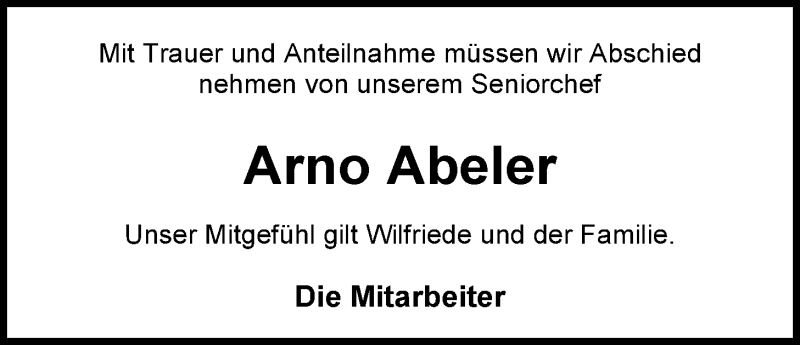  Traueranzeige für Arno Abeler vom 12.02.2013 aus Nordwest-Zeitung