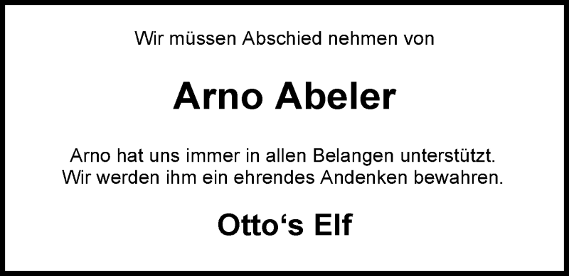  Traueranzeige für Arno Abeler vom 12.02.2013 aus Nordwest-Zeitung