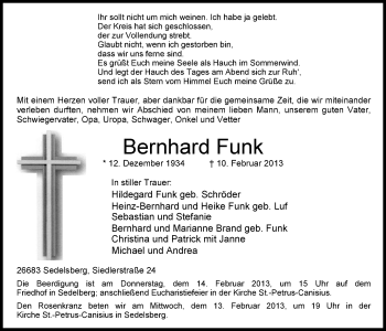 Traueranzeige von Bernhard Funk von Nordwest-Zeitung