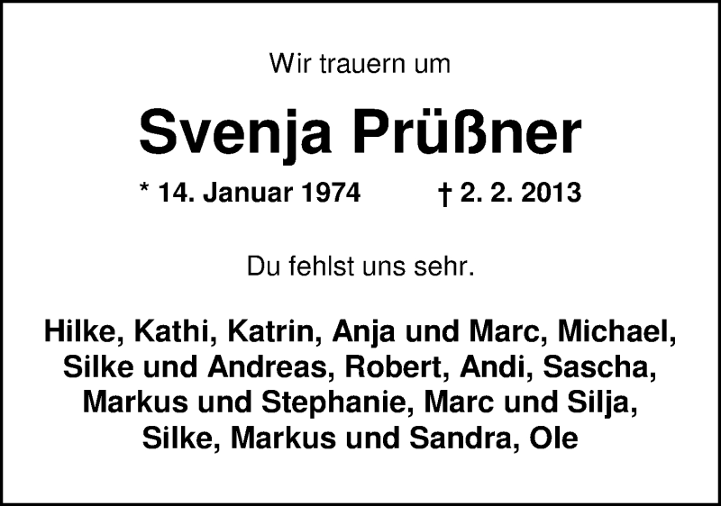  Traueranzeige für Svenja Prüßner vom 13.02.2013 aus Nordwest-Zeitung