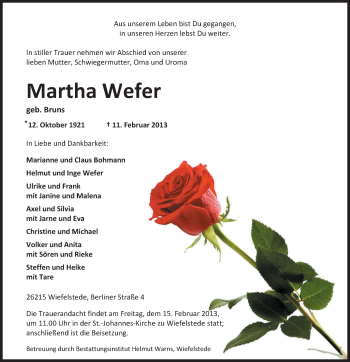 Traueranzeige von Martha Wefer von Nordwest-Zeitung