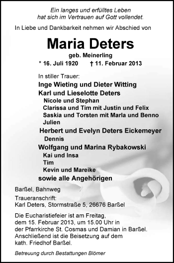 Traueranzeige von Maria Deters von Nordwest-Zeitung