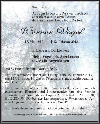Traueranzeige von Werner Vogel von Nordwest-Zeitung