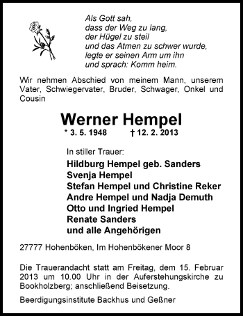 Traueranzeige von Werner Hempel von Nordwest-Zeitung