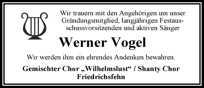  Traueranzeige für Werner Vogel vom 13.02.2013 aus Nordwest-Zeitung