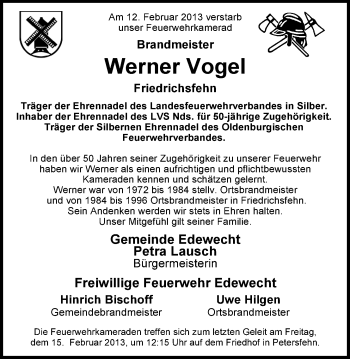 Traueranzeige von Werner Vogel von Nordwest-Zeitung