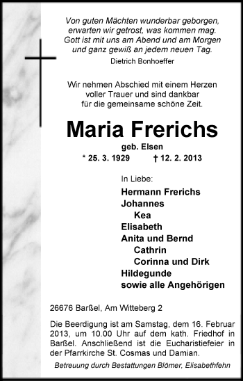 Traueranzeige von Maria Frerichs von Nordwest-Zeitung