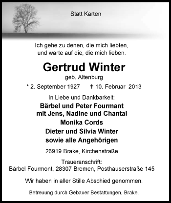 Traueranzeige von Gertrud Winter von Nordwest-Zeitung