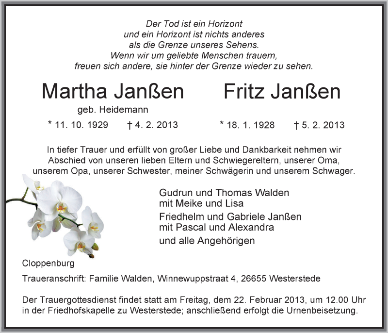  Traueranzeige für Martha und Fritz Janßen vom 16.02.2013 aus Nordwest-Zeitung