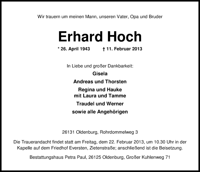  Traueranzeige für Erhard Hoch vom 16.02.2013 aus Nordwest-Zeitung
