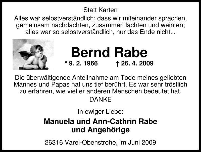  Traueranzeige für Bernd Rabe vom 13.06.2009 aus Nordwest-Zeitung