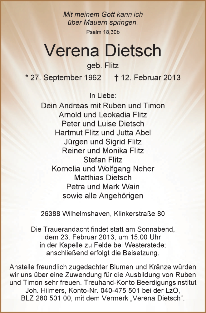  Traueranzeige für Verena Dietsch vom 18.02.2013 aus Nordwest-Zeitung