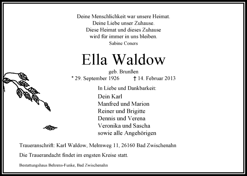  Traueranzeige für Ella Waldow vom 19.02.2013 aus Nordwest-Zeitung