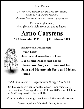 Traueranzeige von Arno Carstens von Nordwest-Zeitung