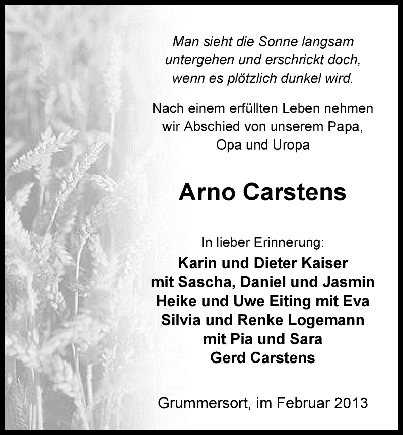  Traueranzeige für Arno Carstens vom 19.02.2013 aus Nordwest-Zeitung