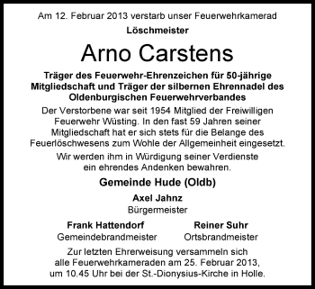 Traueranzeige von Arno Carstens von Nordwest-Zeitung