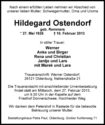 Traueranzeige von Hildegard Ostendorf von Nordwest-Zeitung