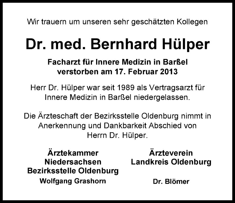  Traueranzeige für Dr. Bernhard Hülper vom 22.02.2013 aus Nordwest-Zeitung