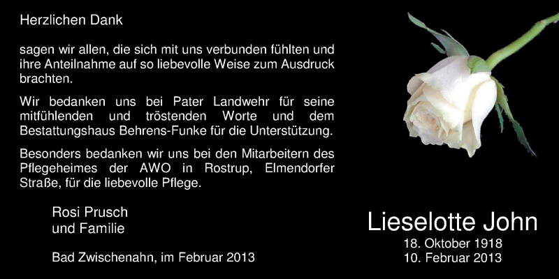  Traueranzeige für Liselotte John vom 23.02.2013 aus Nordwest-Zeitung