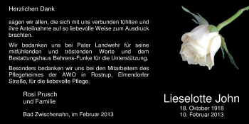 Traueranzeige von Liselotte John von Nordwest-Zeitung