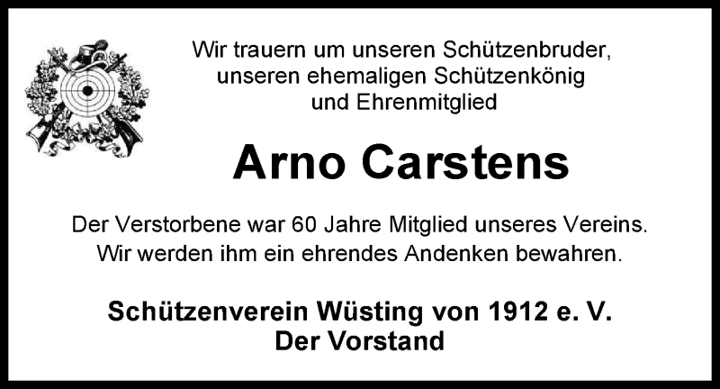  Traueranzeige für Arno Carstens vom 20.02.2013 aus Nordwest-Zeitung