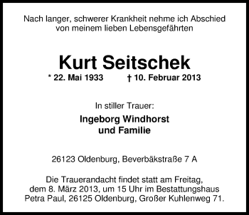 Traueranzeige von Kurt Seitschek von Nordwest-Zeitung