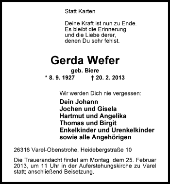 Traueranzeige von Gerda Wefer von Nordwest-Zeitung