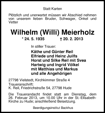 Traueranzeige von Wilhelm Meierholz von Nordwest-Zeitung