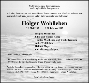 Traueranzeige von Holger Wohlleben von Nordwest-Zeitung
