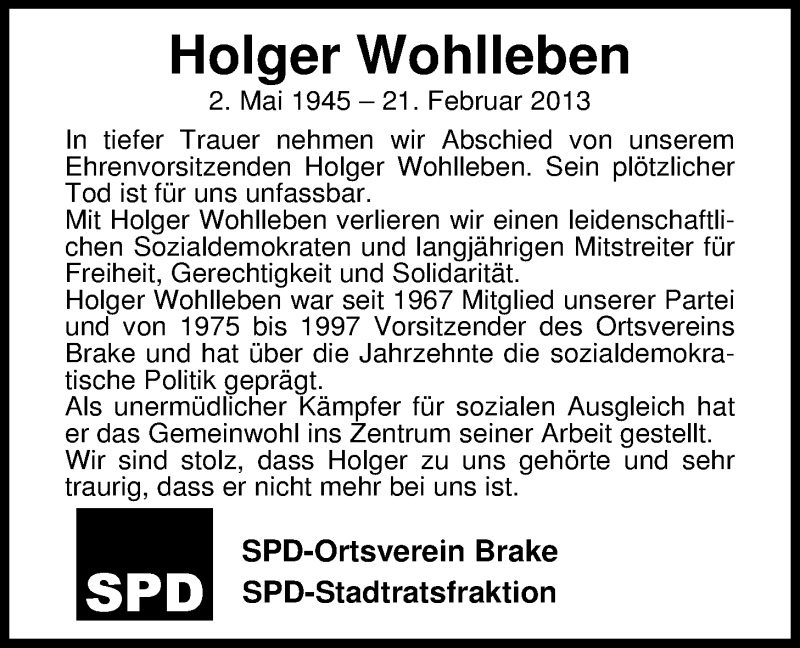  Traueranzeige für Holger Wohlleben vom 25.02.2013 aus Nordwest-Zeitung