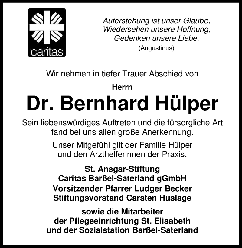  Traueranzeige für Dr. Bernhard Hülper vom 23.02.2013 aus Nordwest-Zeitung