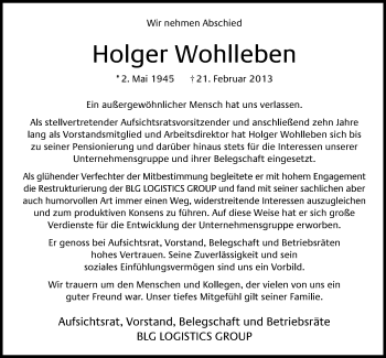 Traueranzeige von Holger Wohlleben von Nordwest-Zeitung