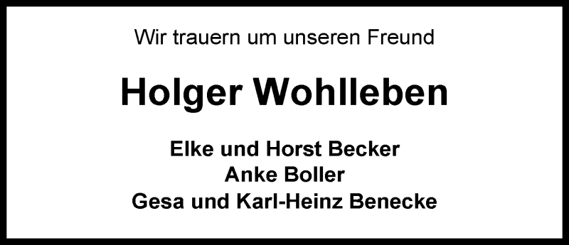  Traueranzeige für Holger Wohlleben vom 25.02.2013 aus Nordwest-Zeitung