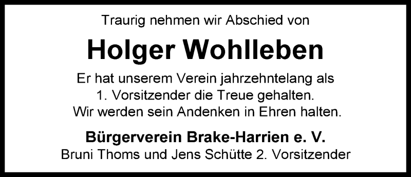  Traueranzeige für Holger Wohlleben vom 25.02.2013 aus Nordwest-Zeitung